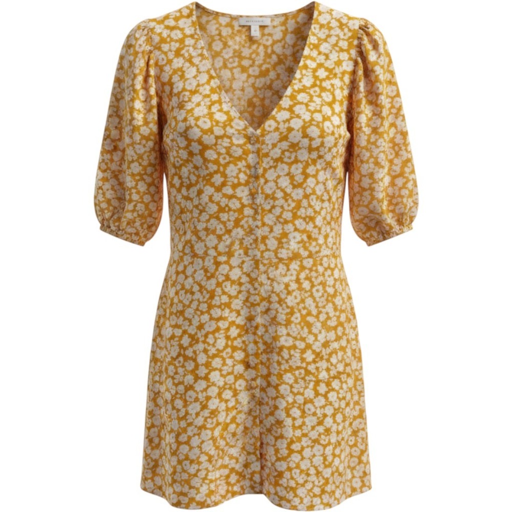 Entro Mustard Yellow Floral V-Neck Button Front Puff Sleeve Mini Dress L D13604